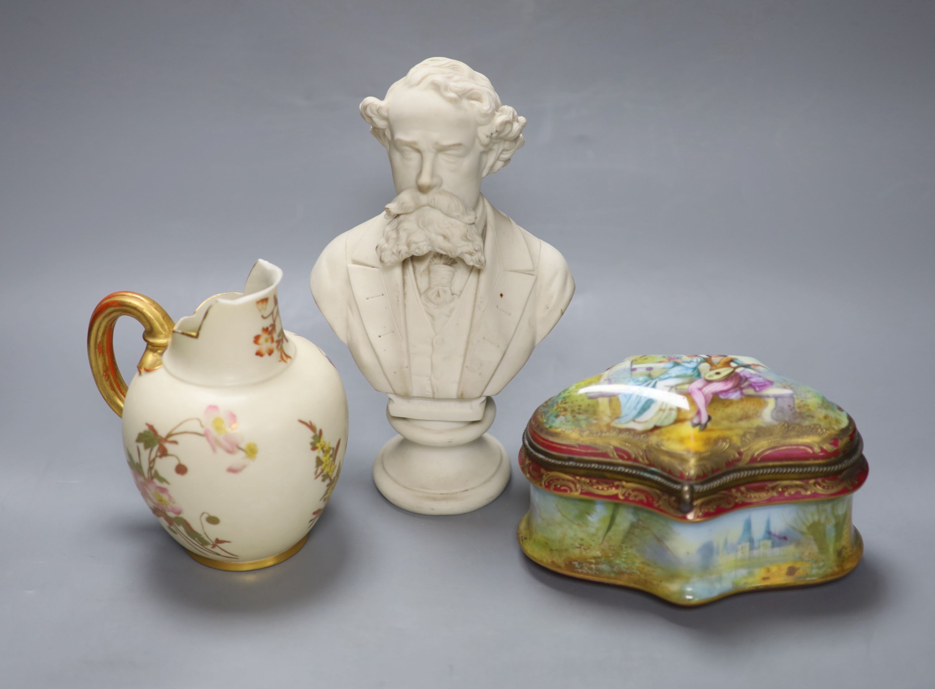 A Royal Worcester blush group cream jug, a Parian bust and a gilt metal mounted porcelain casket, tallest 24cm